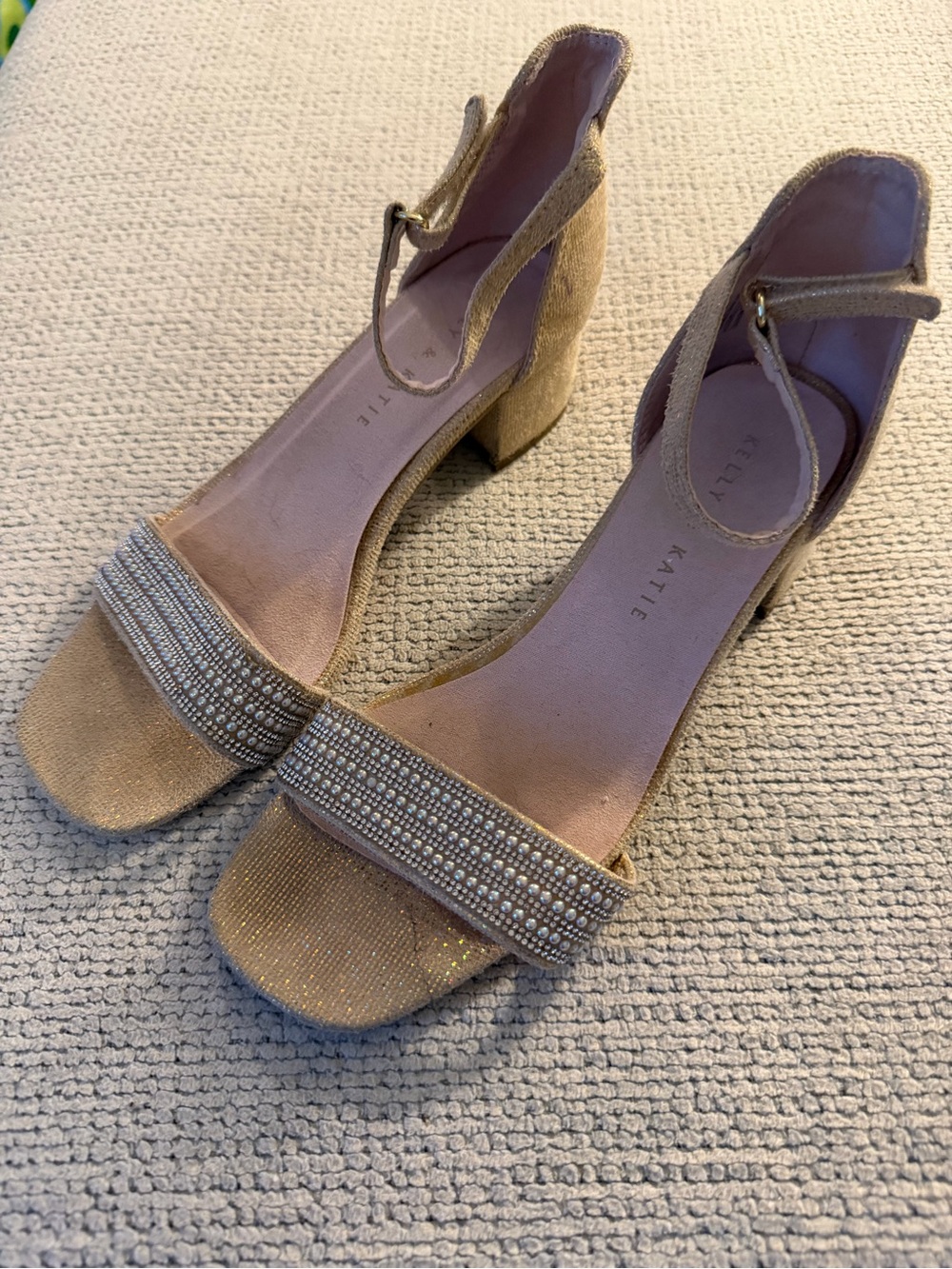 Kelly & Katie Champagne Gold Rhinestone Block Heel Sandals